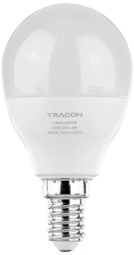 Tracon LMGS458NW, Gömb burájú LED fényforrás SAMSUNG chippel 230V,50Hz,8W,4000 K,E14,600lm,180°,G45,SAMSUNG chip,