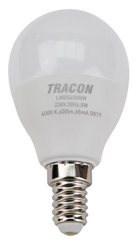Tracon LMGS458W, Gömb burájú LED fényforrás SAMSUNG chippel 230V,50Hz,8W,3000K,E14,570lm,180°,G45,SAMSUNG chip,