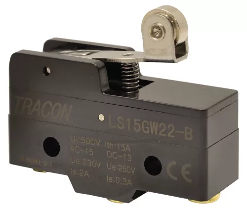 Tracon LS15GW22-B Helyzetkapcsoló, rugószáras-görgős 1×CO, 2A/230V AC, 19mm, IP00