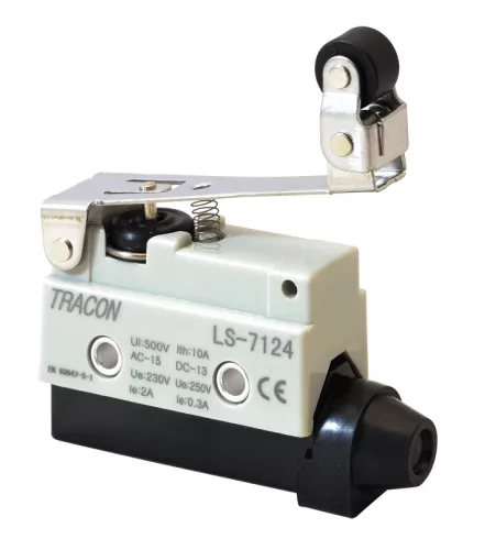 Tracon LS7124 Helyzetkapcsoló, rugószáras-csuklógörgő 1×CO, 2A/230V AC, 65mm, IP40