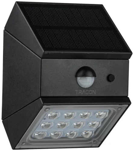 Tracon LSCB2W Napelemes LED fali világítótest mozgásérzékelővel, fekete 2 W, 3000/4000/6000 K, 300 lm, IP65, 3,7 V, 1,2 Ah