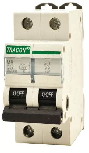 Tracon MB-2C-10 kismegszakító, 2 pólusú, C karakterisztika, 10 A, 4,5 kA