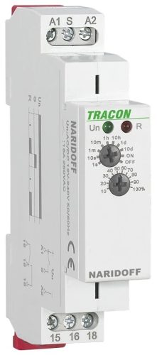 Tracon NARIDOFF Egyfunkciós (elengedéskésleltetéses) időrelé AC/DC 12-240V, 0,1s-10d, 16A/AC1, 250VAC/24VDC
