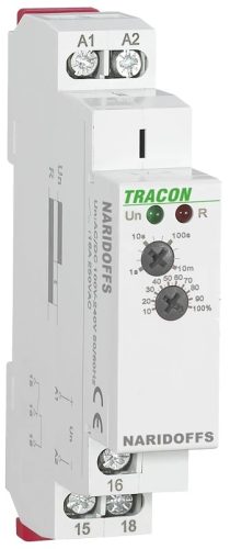 Tracon NARIDOFFS Elengedéskésleltetéses tápfeszültség vezérelt időrelé AC/DC 12-240V, 0,1s-10m, 16A/AC1, 250VAC/24VDC