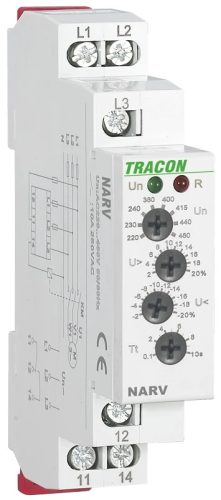 Tracon NARV Feszültségfigyelő relé 3 fázisra AC 220-460V, U> U< = +/-2-20%, t=0,1-10s, Asymm 8%