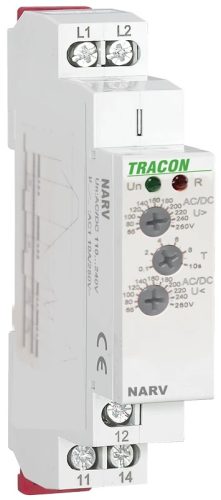 Tracon NARV1 Feszültségfigyelő relé 1 fázisra AC/DC 110-240V, U> U< = 65-260V, t=0,1-10s