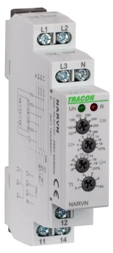 Tracon NARVN Feszültségfigyelő relé 3 fázisra AC 230V L-N, U>,< ,= +/-2-20%, t=0,1-10s, Asymm 8%