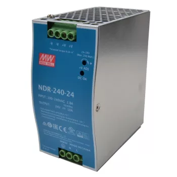   Tracon NDR-240-24, DIN sínre szerelhető tápegység szabályozható DC kimenettel 90-264 VAC / 24-28 VDC; 240 W; 0-10 A