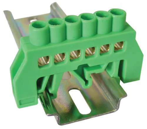 Tracon NPE-G6-6, Szigetelt földelősín (N/PE), zöld 230/400VAC, 100A, 6×9mm, 6P, IP20