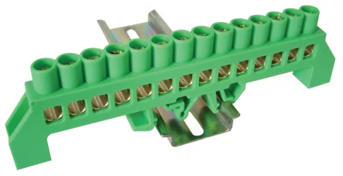 Tracon NPE-G8-14, Szigetelt földelősín (N/PE), zöld 230/400VAC, 100A, 8×12mm, 14P, IP20