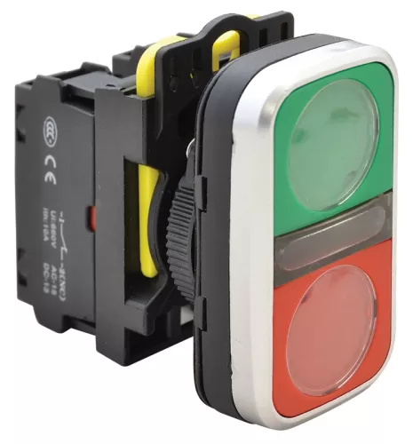 Tracon NYG3-DL Kettős világító BE-KI nyomógomb, zöld+piros 1×NO+1×NC, 5A/230V AC-15, IP65, LED 230V AC/DC