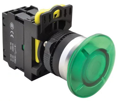 Tracon NYG3-MLG Gombafejű világító nyomógomb,zöld 1×NO, 5A/230V AC-15, 40mm, IP65, LED 230V AC/DC