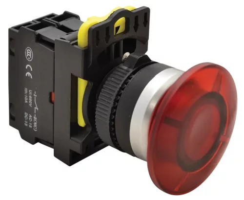 Tracon NYG3-MLR Gombafejű világító nyomógomb,piros 1×NC, 5A/230V AC-15, 40mm, IP65, LED 230V AC/DC