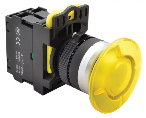 Tracon NYG3-MLY Gombafejű világító nyomógomb,sárga 1×NO, 5A/230V AC-15, 40mm, IP65, LED 230V AC/DC