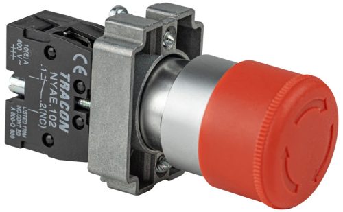 Tracon NYG442P30TS Tok.reteszelt gombafejű vészgomb, piros, sárga fed., elford. 1×NC, 3A/400V AC, IP44, d=30mm