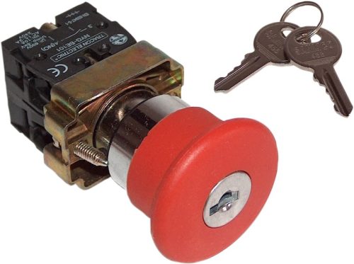 Tracon NYGBS142PTS Tok.reteszelt gombafejű vészgomb, piros, sárga fed., kulcsos 1×NC, 3A/400V AC, IP44, d=40mm