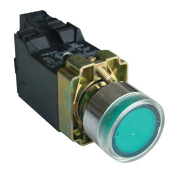   Tracon NYGBW3341Z Világító nyomógomb, fémalap, trfóval, zöld, glim, izzó nélk. 1×NO, 3A/230V AC, 6V, IP42