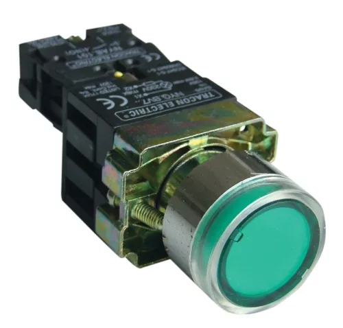 Tracon NYGBW3371Z Világító nyomógomb, fémalap, előtét, zöld, glim, izzó nélk. 1×NO, 3A/230V AC, 130V, IP42