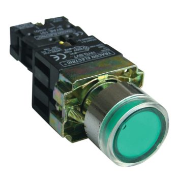   Tracon NYGBW3371ZT Tok. világító nyomógomb, fémalap,előtét,zöld,glim,izzó nélk. 1×NO, 3A/230V AC, 130V, IP44