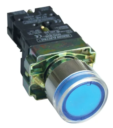 Tracon NYGBW33KT Tok. világító nyomógomb, fémalap, kék, glim, izzó nélkül 1×NO, 3A/400V AC, 230V, IP44