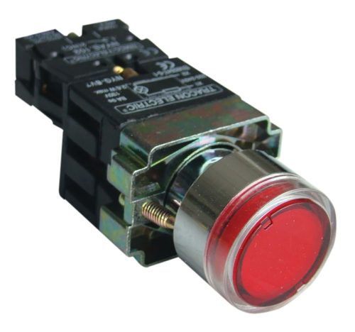 Tracon NYGBW3471PT Tok.világító nyomógomb, fémalap,előtét,piros,glim,izzó nélk. 1×NC, 3A/230V AC, 130V, IP44