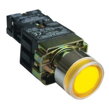  Tracon NYGBW3571ST Tok.világító nyomógomb, fémalap,előtét,sárga,glim,izzó nélk. 1×NO, 3A/230V AC, 130V, IP44