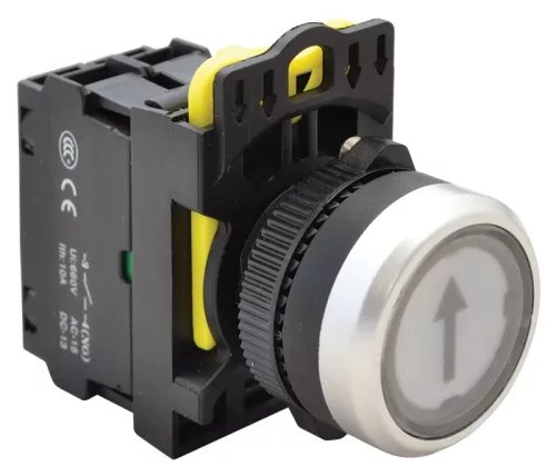 Tracon NYK3-P3L Jelölt, világító nyomókapcsoló, fehér, (fekete nyíl) 1×NO, 5A/230V AC-15, IP65, LED 230V AC/DC