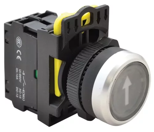 Tracon NYK3-P4L Jelölt, világító nyomókapcsoló, fekete, (fehér nyíl) 1×NO, 5A/230V AC-15, IP65, LED 230V AC/DC
