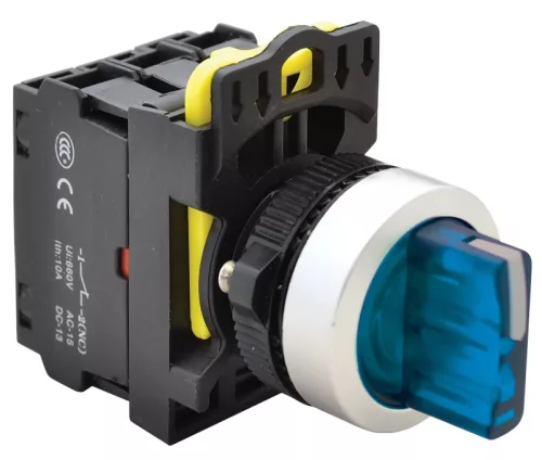 Tracon NYK3-SL34B Világítókaros kapcsoló, kék, LED, háromállású, rugóvissza 1×NO+1×NC, 5A/230V AC-15, IP65, LED 230V AC/DC