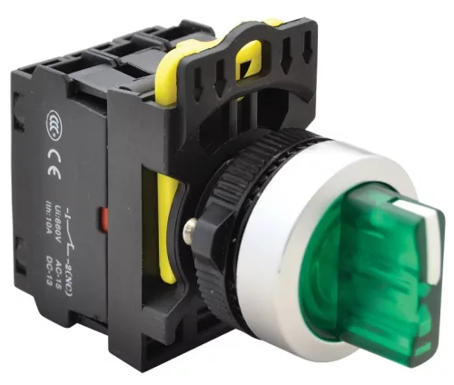 Tracon NYK3-SL34G Világítókaros kapcsoló, zöld, LED, háromállású, rugóvissza 1×NO+1×NC, 5A/230V AC-15, IP65, LED 230V AC/DC