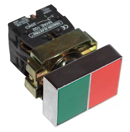 Tracon NYKK8325T Tokozott kettős BE-KI nyomógomb, fémalap, zöld+piros 1×NC+1×NO, 3A/400V AC, IP44