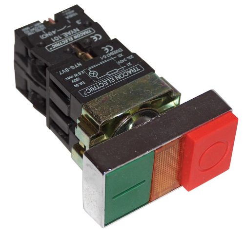 Tracon NYKK8375 Kettős BE-KI nyomógomb, fémalap, zöld+piros jelzőfény 1×NC+1×NO, 3A/230V AC, IP42