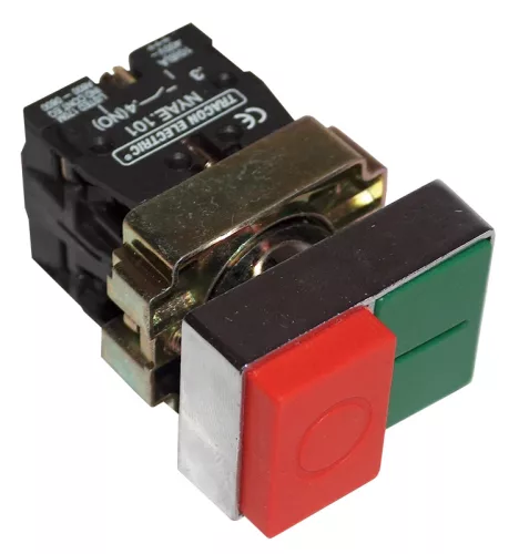 Tracon NYKK8425T Tokozott kettős BE-KI nyomógomb, fémalap, zöld+piros kiálló 1×NC+1×NO, 3A/400V AC, IP44