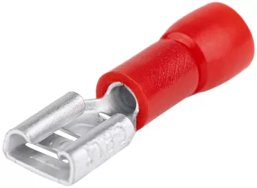 Tracon PCSH6, Szigetelt rátolható csatlakozó hüvely, sárgaréz, piros 6,3×0,8mm, 1,5mm2