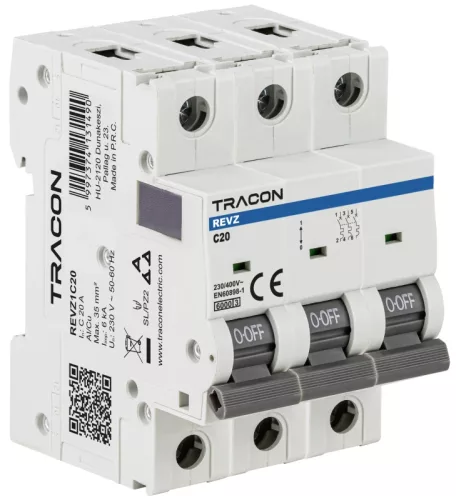 Tracon REVZ3D10 kismegszakító 3 pólus D karakterisztika 10A 6kA