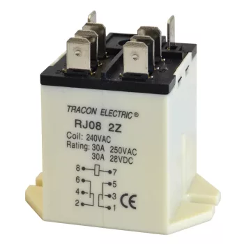   Tracon RJ08-110DC Nagyteljesítményű relé 110V DC / 2×CO (30A, 230V AC / 28V DC)