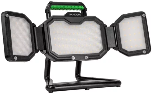 Tracon RSMDAB50W Hordozható akkumulátoros LED fényvető+USB töltő 110-240 VAC, 50W, IP54, 3,7V, 12Ah, 5000lm, 4000K