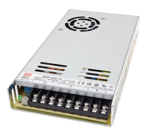 Tracon RSP-320-24, Fém házas LED meghajtó szalagokhoz, szabályozható DC kimenet 85-264 VAC / 24 VDC; 320 W; 0-13,4 A; PFC