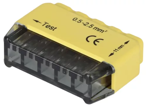 Tracon RVU2,5-5 Csavar nélküli vezetékösszekötő, sárga 5x0,5-2,5mm2, 450VAC, max. 16A