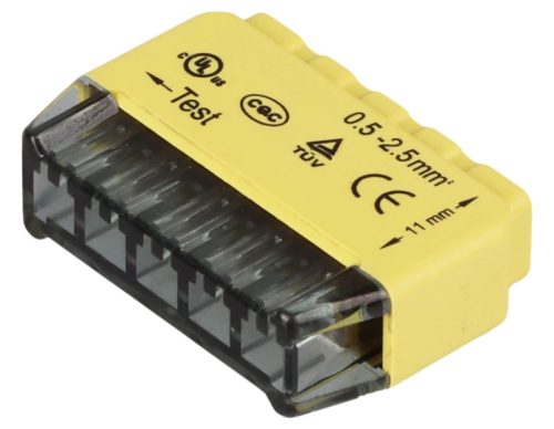Tracon RVU2,5-5 (50 db/doboz) Csavar nélküli vezetékösszekötő, sárga 5x0,5-2,5mm2, 450VAC, max. 16A