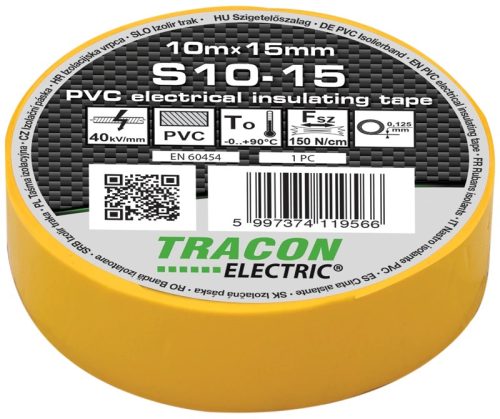 Tracon S10-15, Szigetelőszalag, sárga 10m×15mm, PVC, 0-90°C, 40kV/mm