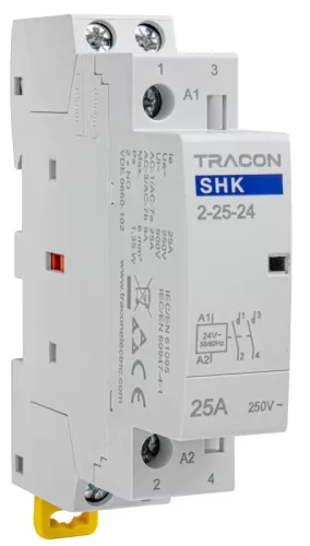 Tracon SHK2-25-24, Installációs kontaktor 24V AC, 50Hz, 1 Mod, 2×NO, AC1/AC7a, 25A