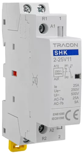 Tracon SHK2-25V11, Installációs kontaktor 230V AC, 50Hz, 1 Mod, 1×NO+1×NC, AC1/AC7a 25A