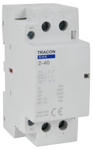 Tracon SHK2-40, Installációs kontaktor 230V AC, 50Hz, 2 Mod, 2×NO, AC1/AC7a, 40A