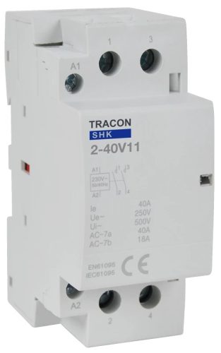 Tracon SHK2-40V11, Installációs kontaktor 230V AC, 50Hz, 2 Mod, 1×NO+1×NC, AC1/AC7a, 40A