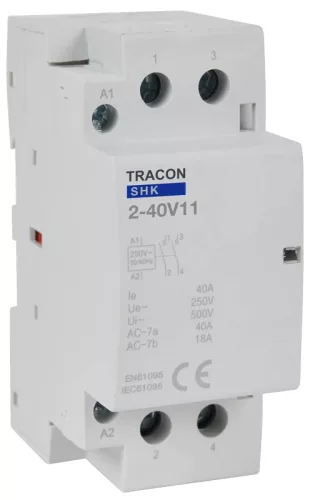 Tracon SHK2-40V11, Installációs kontaktor 230V AC, 50Hz, 2 Mod, 1×NO+1×NC, AC1/AC7a, 40A