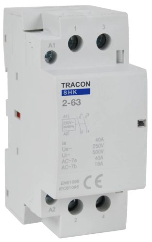Tracon SHK2-63, Installációs kontaktor 230V AC, 50Hz, 2 Mod, 2×NO, AC1/AC7a, 63A