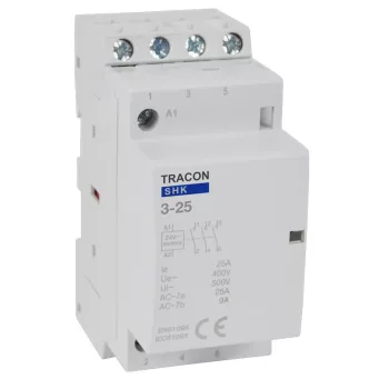   Tracon SHK3-25, Installációs kontaktor 230V AC, 50Hz, 2 Mod, 3×NO, AC1/AC7a, 25A