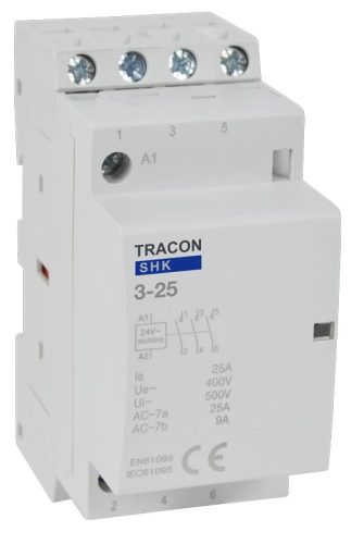 Tracon SHK3-25, Installációs kontaktor 230V AC, 50Hz, 2 Mod, 3×NO, AC1/AC7a, 25A