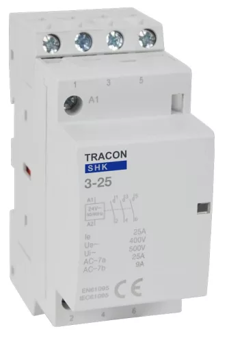 Tracon SHK3-25, Installációs kontaktor 230V AC, 50Hz, 2 Mod, 3×NO, AC1/AC7a, 25A